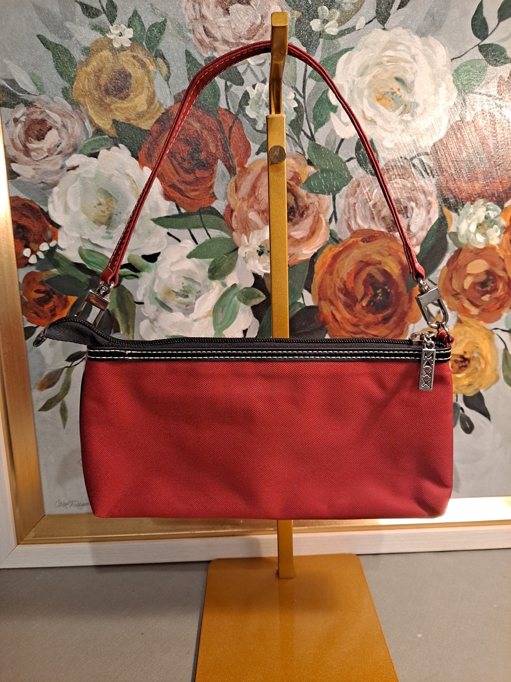 Maxx NY Dark Pink Mini Shoulder Bag Black Trim Nylon Wristlet Baguette Compact